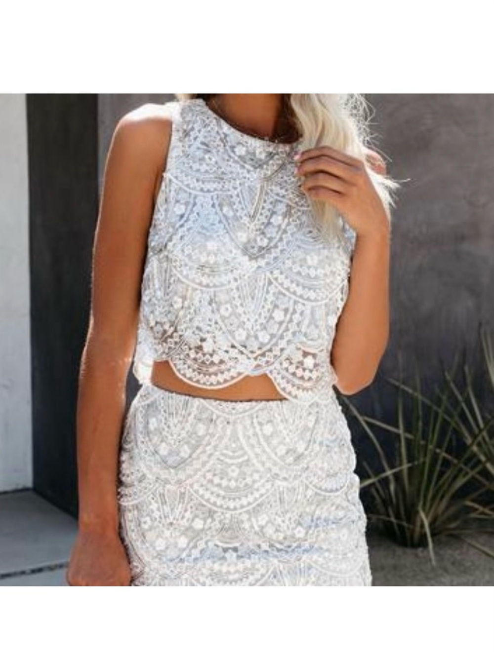 VICI You’re A Dime Sequin Skirt Set | Ivory Silver Bridal | NWT Large